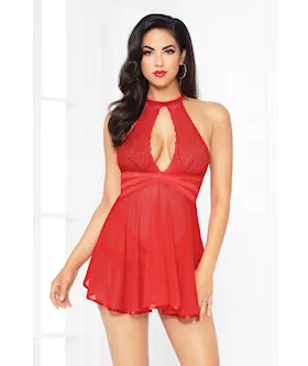 Lace Mesh Babydoll wStrappy Waist amp Panty wCriss Cross Waistband Red XL