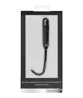 Shots Ouch Urethral Sounding Silicone Vibrating Bullet Plug wBeaded Tip  Black