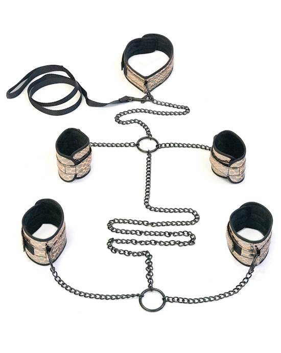 Spartacus Faux Leather Collar to Wrist amp Ankle Restraints Bondage Kit wLeash  Gold