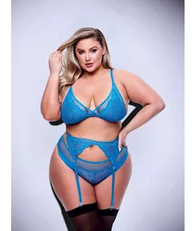 Baci 3pc Lace  Mesh Bra Garter  Panty SetBLUQ BX