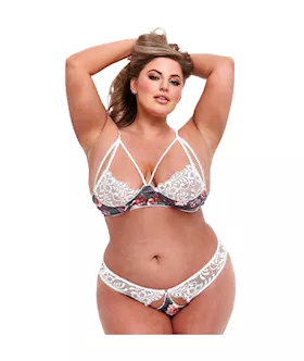 Floral  Lace Bra W Open Back Panty Set