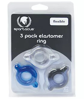 Spartacus Elastomer Cock Ring Set Black Blue amp Clear Pack of 3