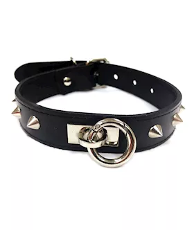 Rouge Leather O Ring Studded Collar  Black