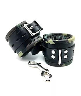 Sensual Sin Leather Padded Wrist Cuffs Camo Piping