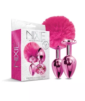 Nixie Metal Butt Plug Set wJewel Inlaid amp Pom Pom  Pink Metallic