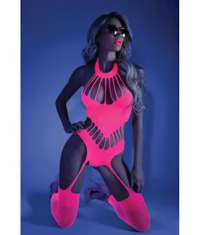 Glow Black Light Footless Teddy Bodystocking Neon Pink OS