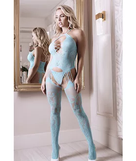 Sheer Fantasy Halter Neck Floral Lace Gartered Bodystocking amp Panty Light Blue OS