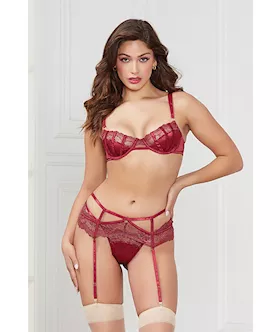Stretch Satin amp Lace Balconette Cup amp Garter Panty Wine XL