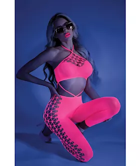 Glow Black Light Cropped Cutout Halter Bodystocking Neon Pink OS