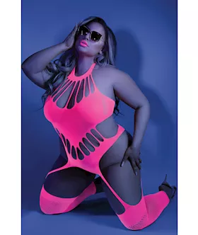 Glow Black Light Footless Teddy Bodystocking Neon Pink QN