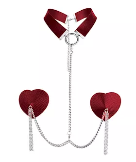 Nipplicious Dominatrix Leather Collar amp Pasties wChain  Red