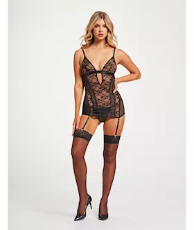 Lace amp Mesh Triangle Cup Chemise wGarters amp Thong Black MD