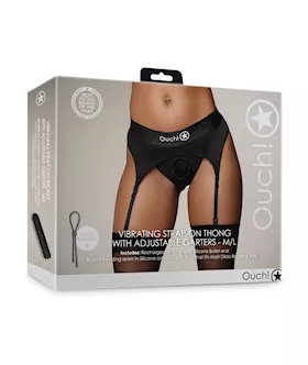 Shots Ouch Vibrating Strap On Thong wAdjustable Garters  Black ML