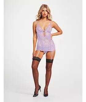 Lace amp Mesh Triangle Cup Chemise wGarters amp Thong Lavender XL