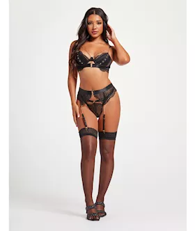 Scalloped Lace Bra wGold Chain Garter Belt amp Thong Black LG