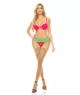Pink Lipstick Come to Me Bra Garter Belt amp GString Neon SM