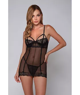 Lea Strappy Lace Chemise amp GString Black LG