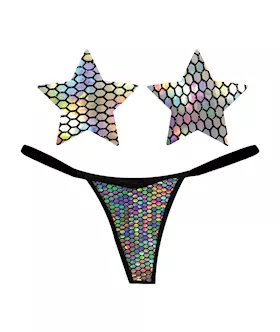 Neva Nude Naughty Knix Mirrored Mayhem Holographic GString amp Pasties  Black OS