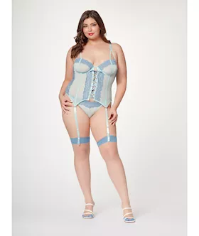 Lace amp Mesh Bustier wLace Up Center Garter Belt amp Thong Blue 3X4X