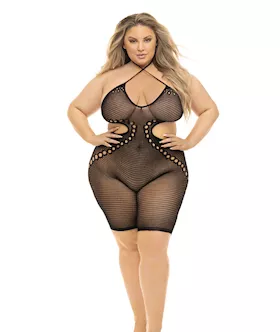 Pink Lipstick Fill Me in Bodystocking Black QN