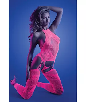 Glow Captivating Halter Bodystocking amp GString Neon Pink OS