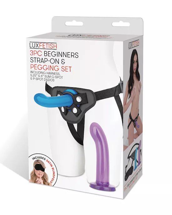 Lux Fetish 3 pc Beginners Strap On & Pegging Set - Multi Color