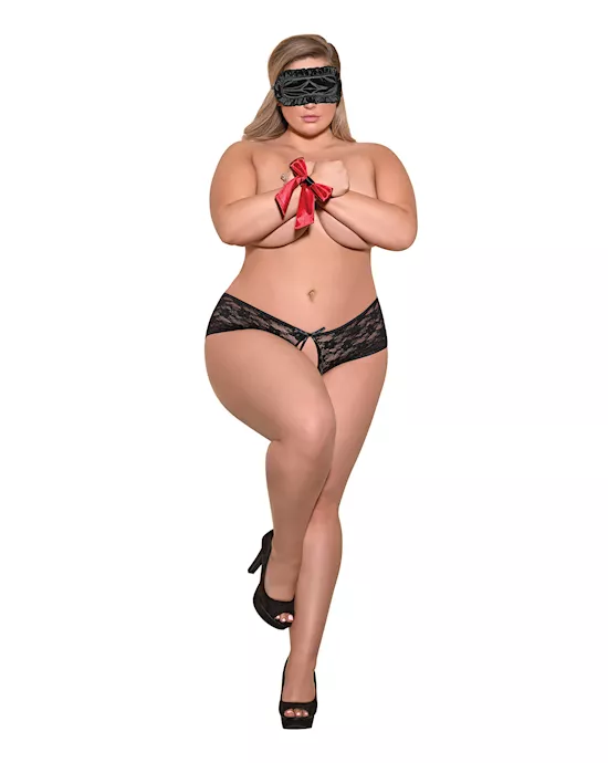 Love & Bondage Split Back Lace Booty Short, Blindfold & Wrist Ties Black Qn