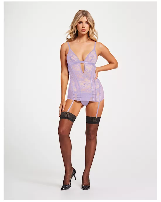 Lace & Mesh Triangle Cup Chemise W/garters & Thong Lavender Lg