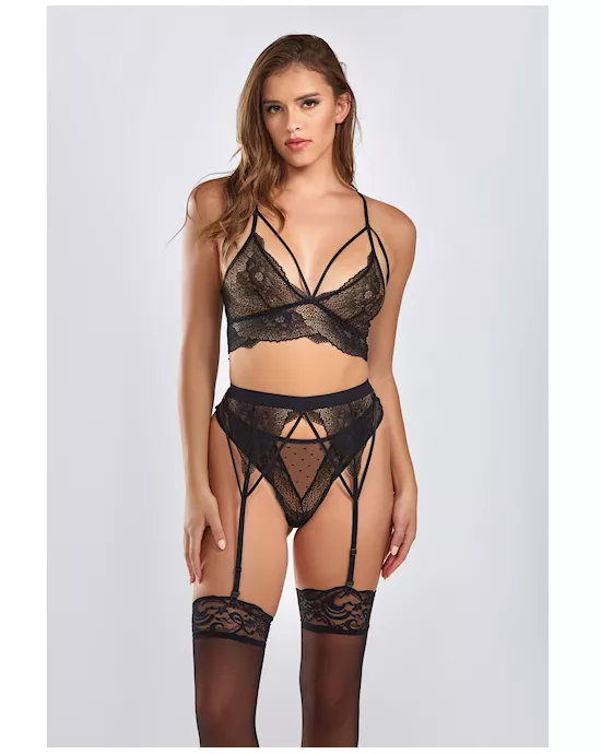 Everly Dot Mesh & Galloon Lace Strappy Bra, Garterbelt & Hipster Panty Black XL